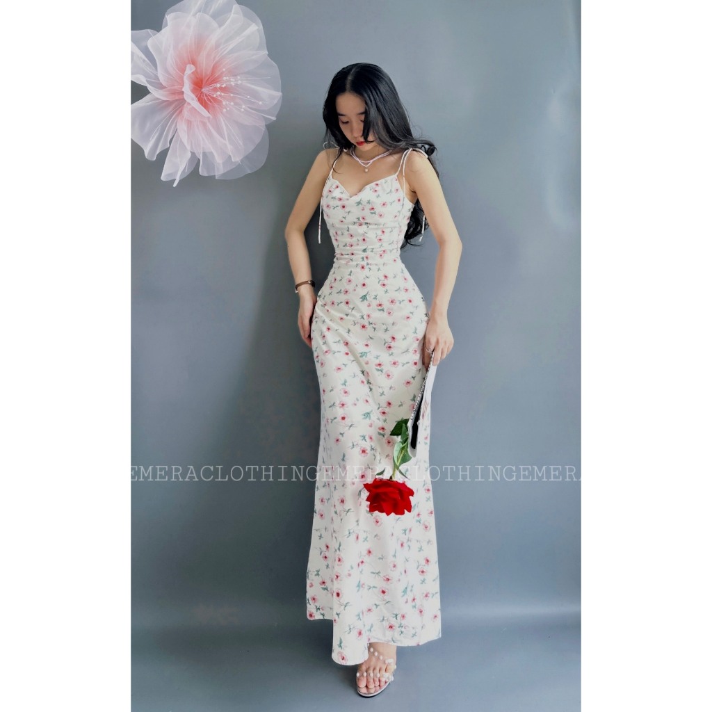 Váy LaylaDress thiết kế dự tiệc nen trắng quyến rũ sang trọng thiết kế cổ đổ váy 2 lớp chất lụa cao cấp được in ho