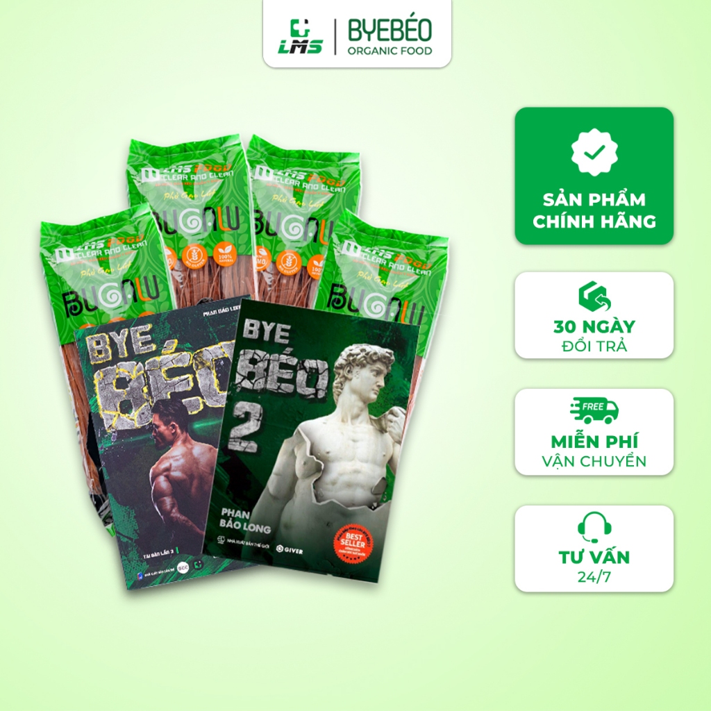 Sách BYE BÉO Combo 1&2 và Bún/Phở Gạo Lứt Bugalu Bổ Sung Chất Xơ, Vitamin và Khoáng Chất  - LMS FOOD