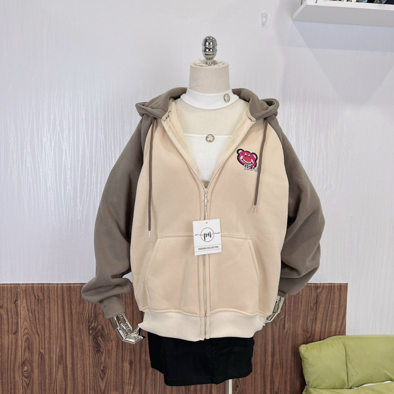 Áo Khoác Nỉ Dệt XK Khoá Kéo thêu Gấu freesize  Nỉ RAPLAN Gấu