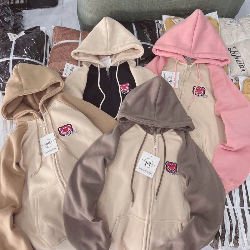 Áo Khoác Nỉ Dệt XK Khoá Kéo thêu Gấu freesize  Nỉ RAPLAN Gấu