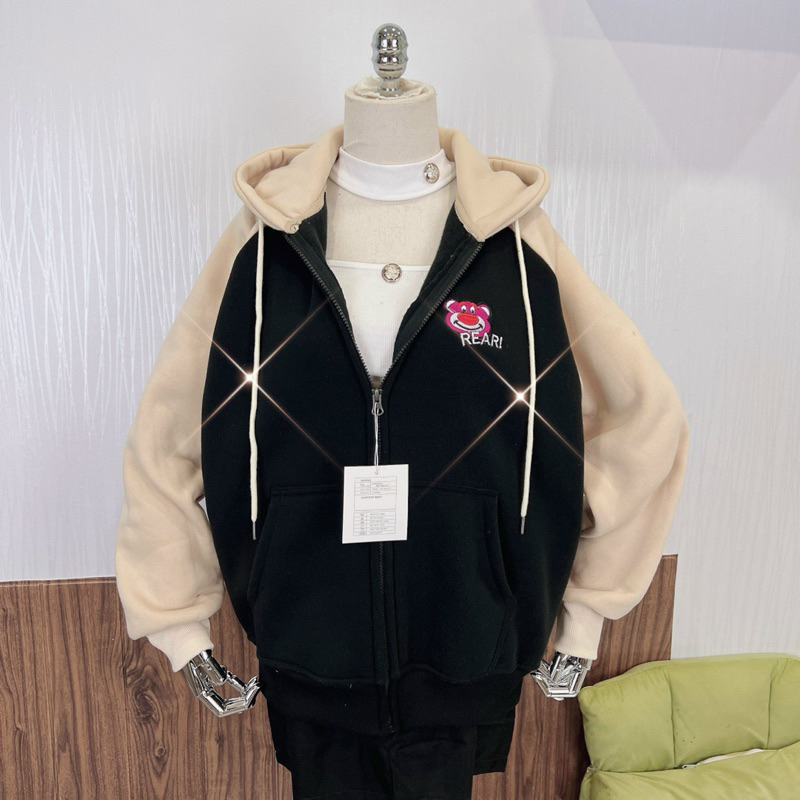 Áo Khoác Nỉ Dệt XK Khoá Kéo thêu Gấu freesize  Nỉ RAPLAN Gấu