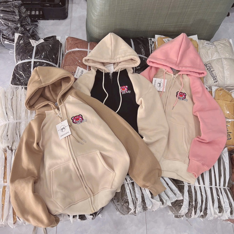 Áo Khoác Nỉ Dệt XK Khoá Kéo thêu Gấu freesize  Nỉ RAPLAN Gấu