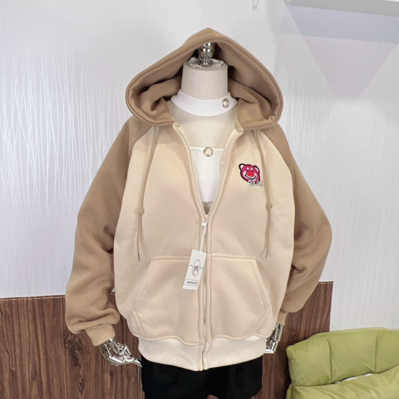 Áo Khoác Nỉ Dệt XK Khoá Kéo thêu Gấu freesize  Nỉ RAPLAN Gấu