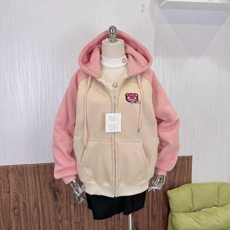 Áo Khoác Nỉ Dệt XK Khoá Kéo thêu Gấu freesize  Nỉ RAPLAN Gấu