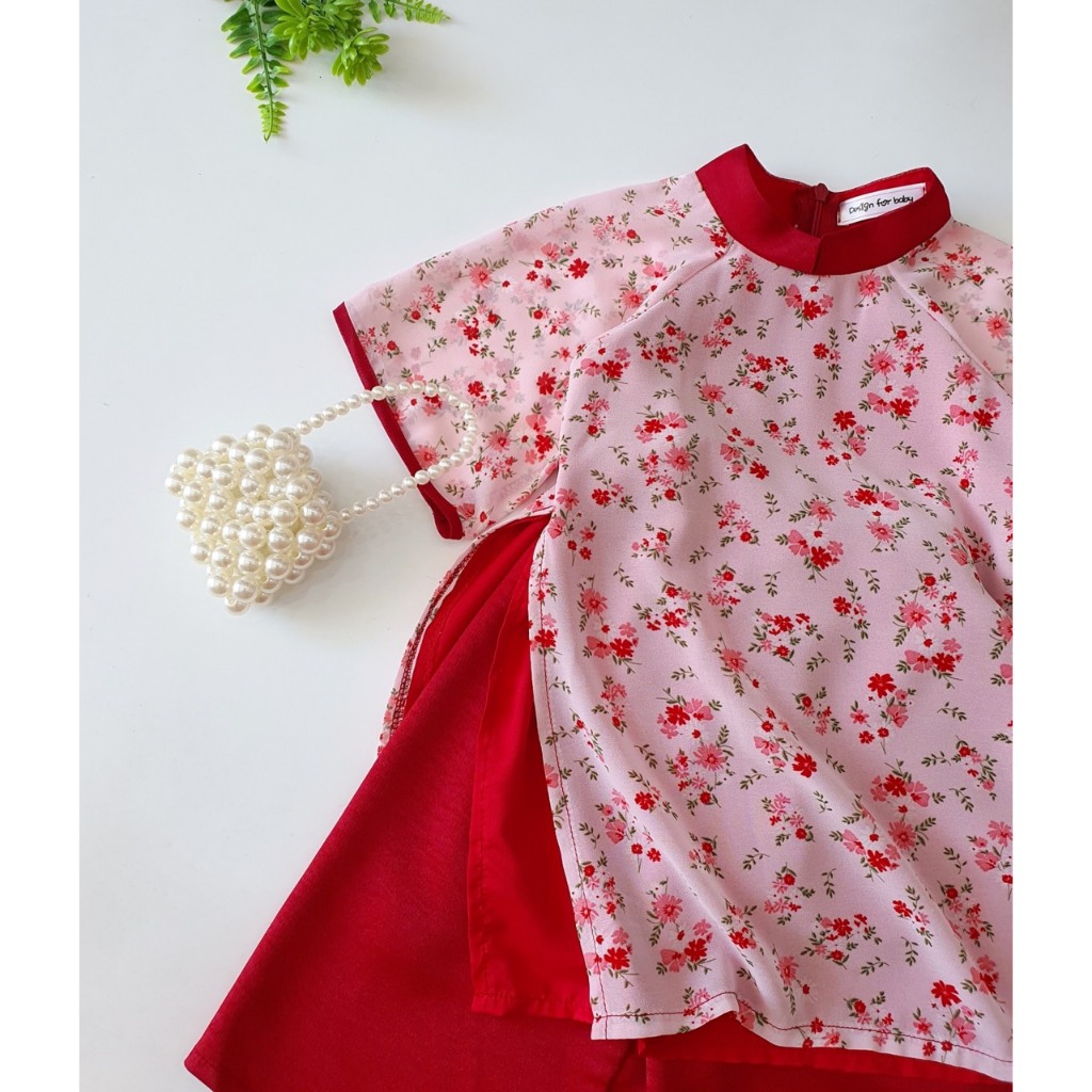 Áo dài hoa nhí đỏ cho bé gái dễ thương 🍓[𝐓𝐀̣̆𝐍𝐆 𝐊𝐄̀𝐌 Mấn🍓 Su Shop- body thiết kế sinh nhật thôi nôi cho bé