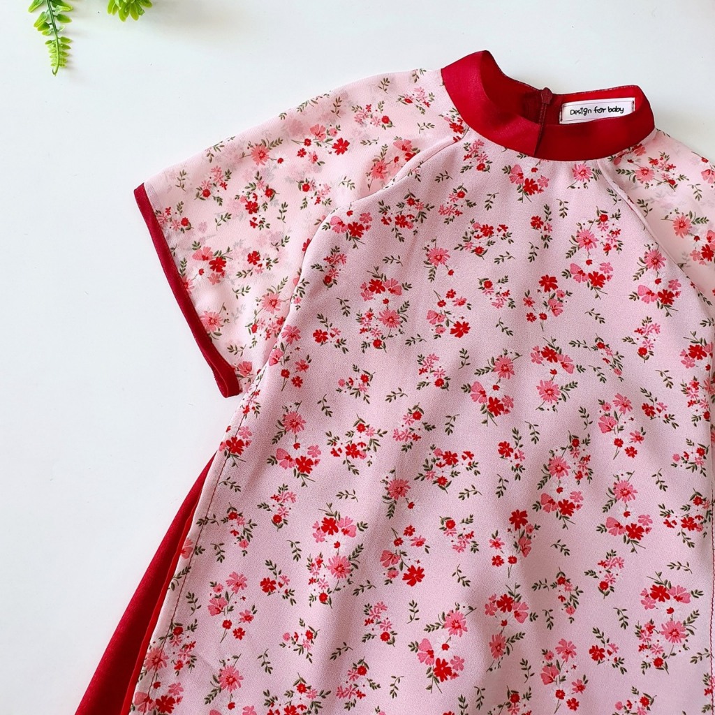 Áo dài hoa nhí đỏ cho bé gái dễ thương 🍓[𝐓𝐀̣̆𝐍𝐆 𝐊𝐄̀𝐌 Mấn🍓 Su Shop- body thiết kế sinh nhật thôi nôi cho bé
