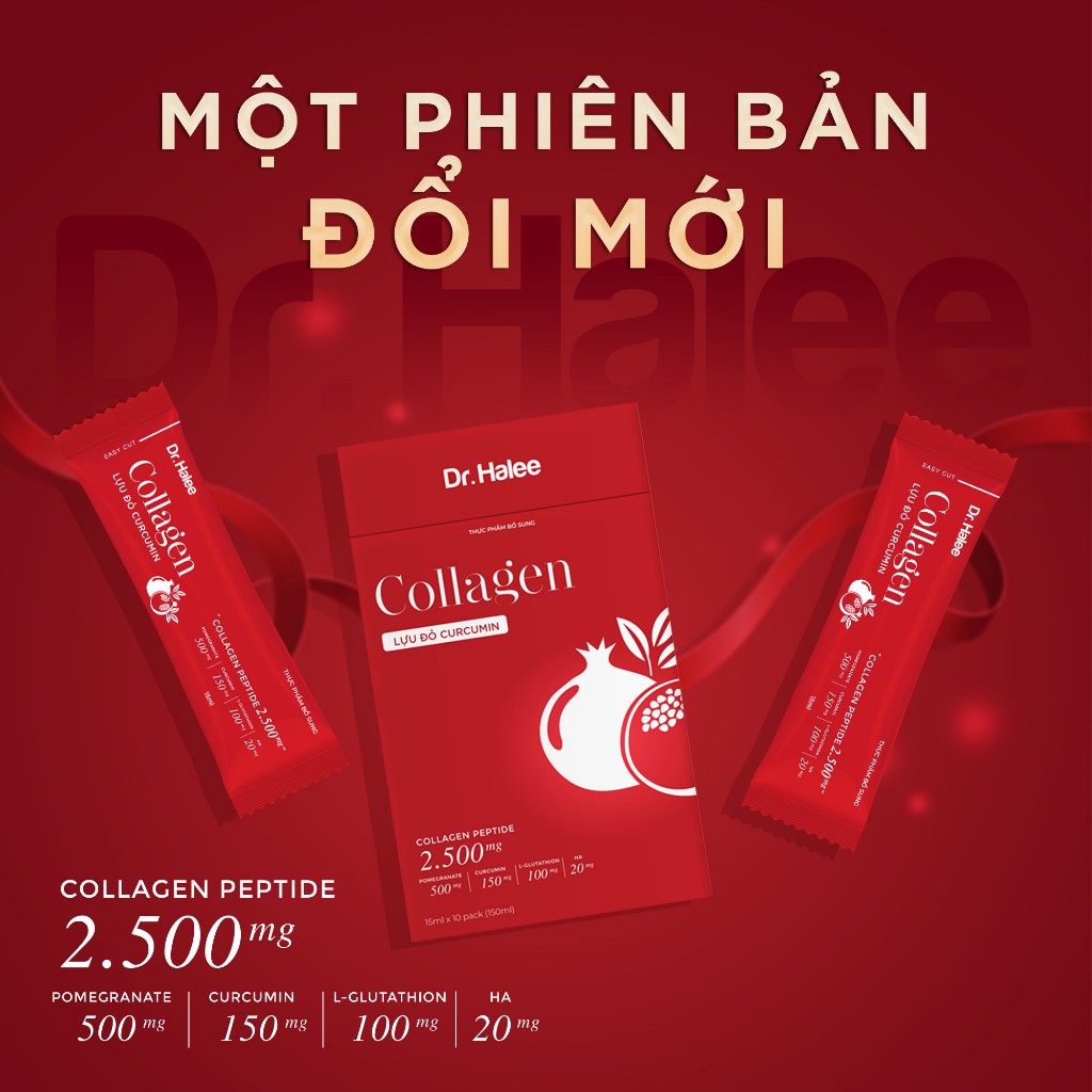 Collagen Lựu đỏ Curcumin Giúp Da Trắng Hồng, Chống Lão Hóa, Hệ Tiêu Hoá Khỏe - Hộp 10 gói x 15ml
