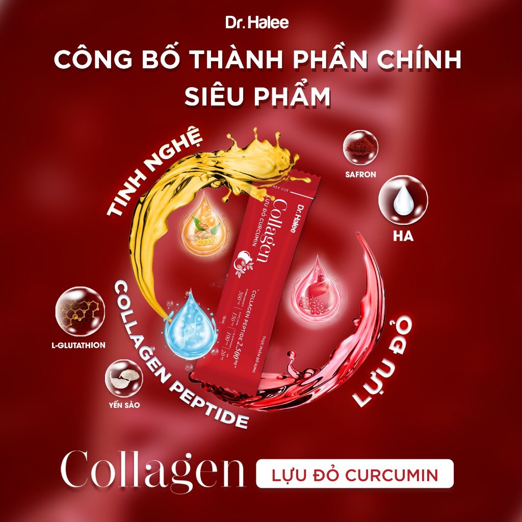 Collagen Lựu đỏ Curcumin Giúp Da Trắng Hồng, Chống Lão Hóa, Hệ Tiêu Hoá Khỏe - Hộp 10 gói x 15ml