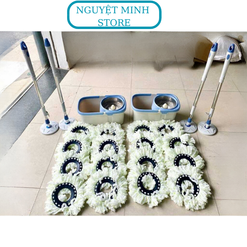 BỘ LAU NHÀ TỰ VẮT XOAY 360 ĐỘ 1 thùng + 2 cây chổi + 8 miếng bông lau NGUYỆT MINH-STORE