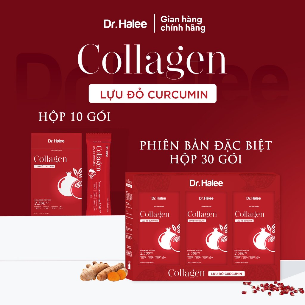 Collagen Lựu đỏ Curcumin Giúp Da Trắng Hồng, Chống Lão Hóa, Hệ Tiêu Hoá Khỏe - Hộp 10 gói x 15ml