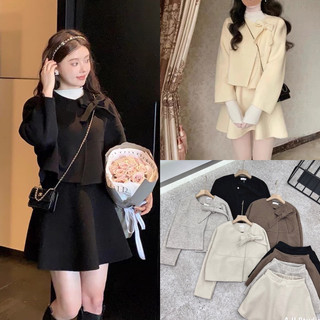 Set áo dạ đính nơ kèm chân váy ngắn sadddn