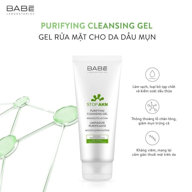 Sữa rửa mặt BABE Stop AKN Purifying Cleansing Gel cho da dầu mụn 200ml