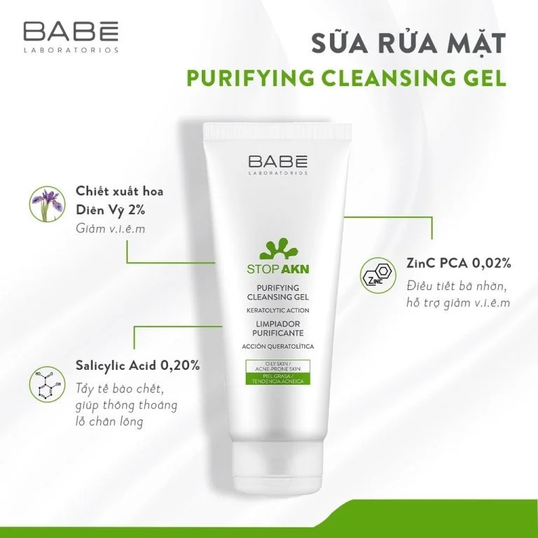 Sữa rửa mặt BABE Stop AKN Purifying Cleansing Gel cho da dầu mụn 200ml