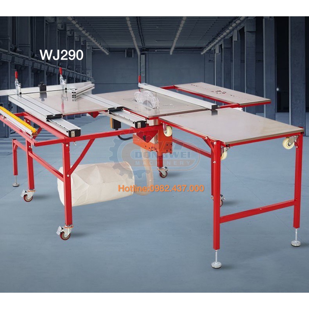 Máy cưa bàn trượt mini 2 lưỡi WJ 290, gập gọn linh hoạt thuận tiện mang đi công trình gồm máy và và bàn