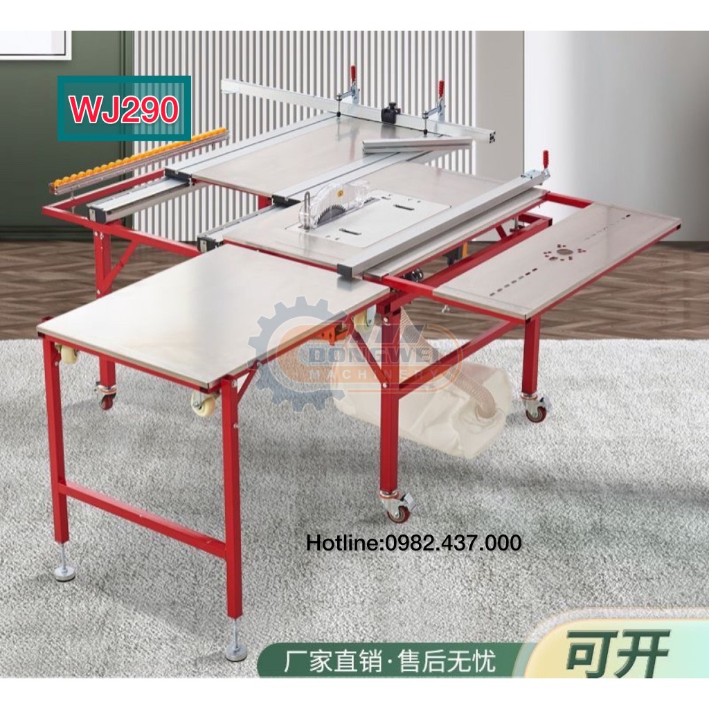 Máy cưa bàn trượt mini 2 lưỡi WJ 290, gập gọn linh hoạt thuận tiện mang đi công trình gồm máy và và bàn