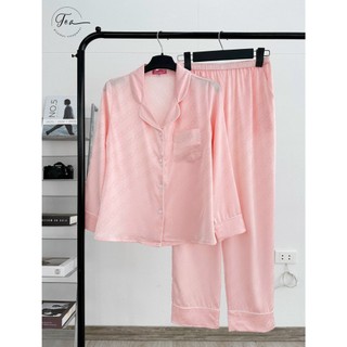 Bộ mặc nhà pyjama lụa gấm cao cấp tea tay dài quần dài họa tiết