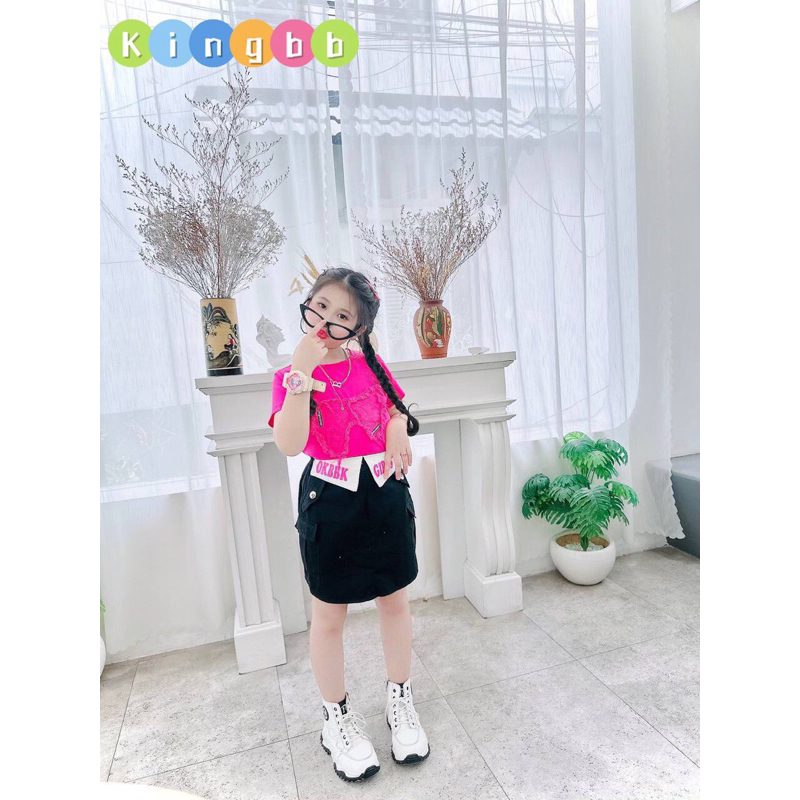 Set váy kaki áo cotton ngắn tay cao cấp cho bé gái siêu đẹp