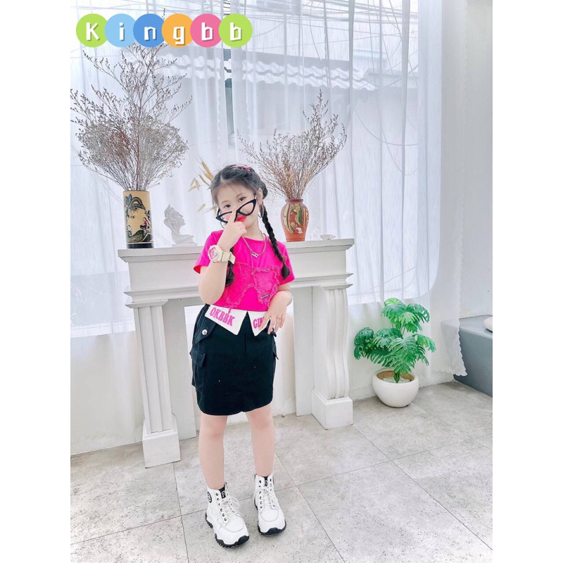 Set váy kaki áo cotton ngắn tay cao cấp cho bé gái siêu đẹp
