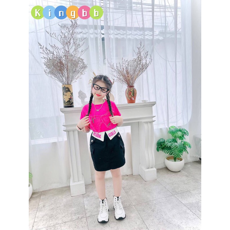 Set váy kaki áo cotton ngắn tay cao cấp cho bé gái siêu đẹp