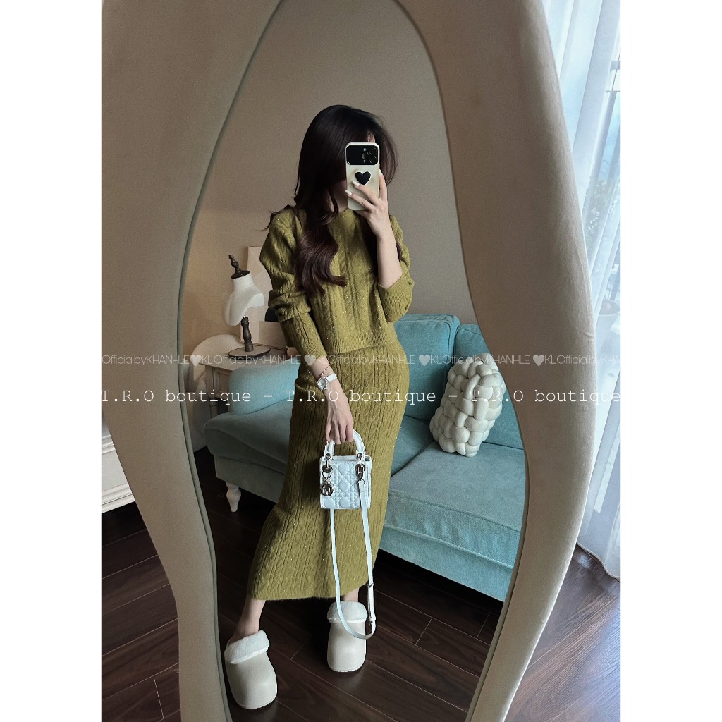 Set áo len dài tay cổ tròn kèm chân váy dáng dài hàng QCL1
