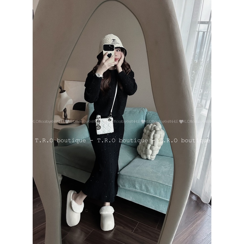 Set áo len dài tay cổ tròn kèm chân váy dáng dài hàng QCL1