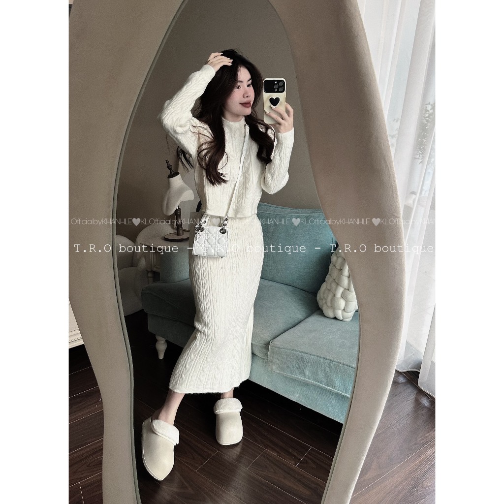 Set áo len dài tay cổ tròn kèm chân váy dáng dài hàng QCL1