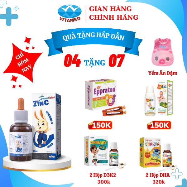 [ Tặng LactoDiall + Yếm + Eppraton 15g ] 4 Hộp Smartbibi ZinC - Bổ Sung Kẽm, Vitamin C Tăng Sức Đề Kháng 30 ML