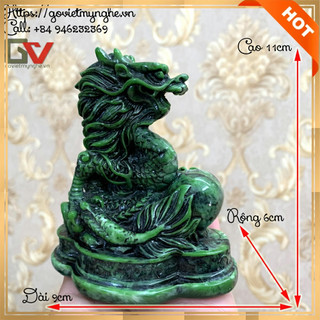 Tượng Đá Trang Trí Thanh Long Phong Thủy Cho Năm 2024 - Tượng Rồng Đá Xanh Lục Bích màu tương sinh mệnh Hỏa - cao 11cm