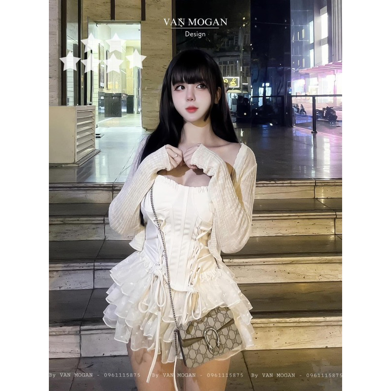 Set bộ 3 món áo ống đan dây kèm chân váy ren tầng và khoác ngoài