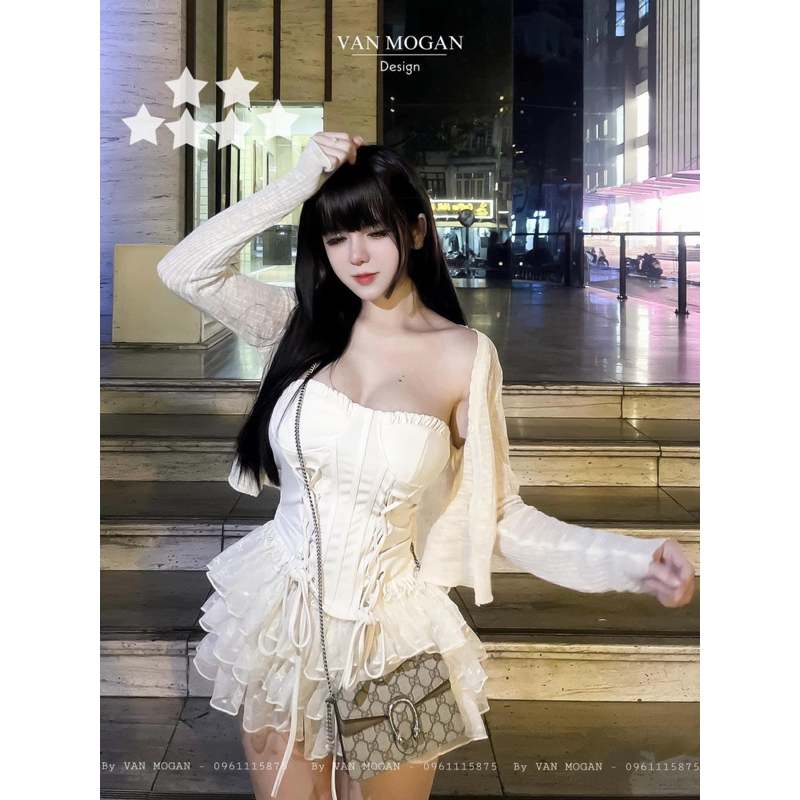 Set bộ 3 món áo ống đan dây kèm chân váy ren tầng và khoác ngoài