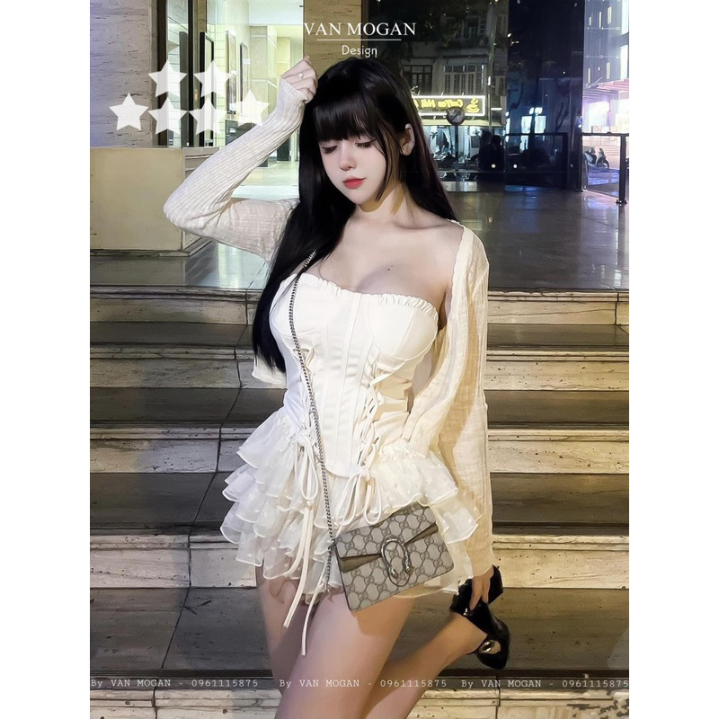 Set bộ 3 món áo ống đan dây kèm chân váy ren tầng và khoác ngoài