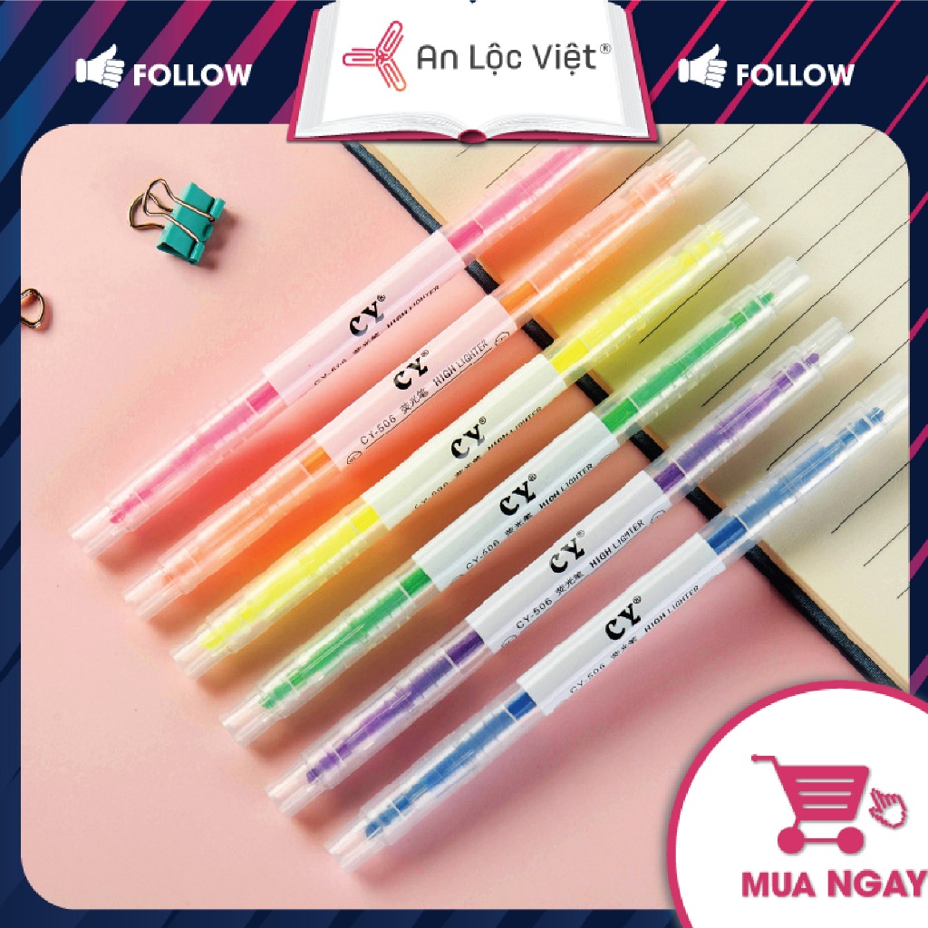 Bút dạ quang, bút highlight CY-506 - Túi 6 màu với thiết kế 2 đầu