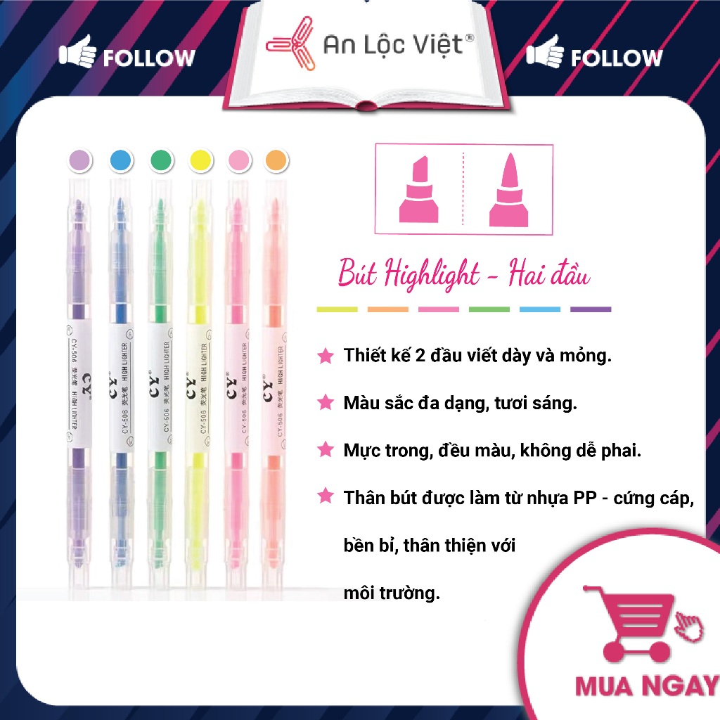Bút dạ quang, bút highlight CY-506 - Túi 6 màu với thiết kế 2 đầu