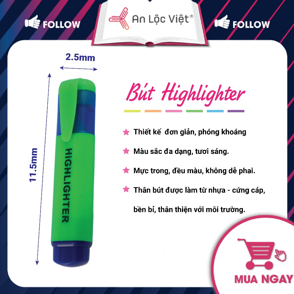 Vỉ 4 cây Bút dạ quang, bút đánh dấu Highlighter 4 màu tươi sáng, dễ sử dụng