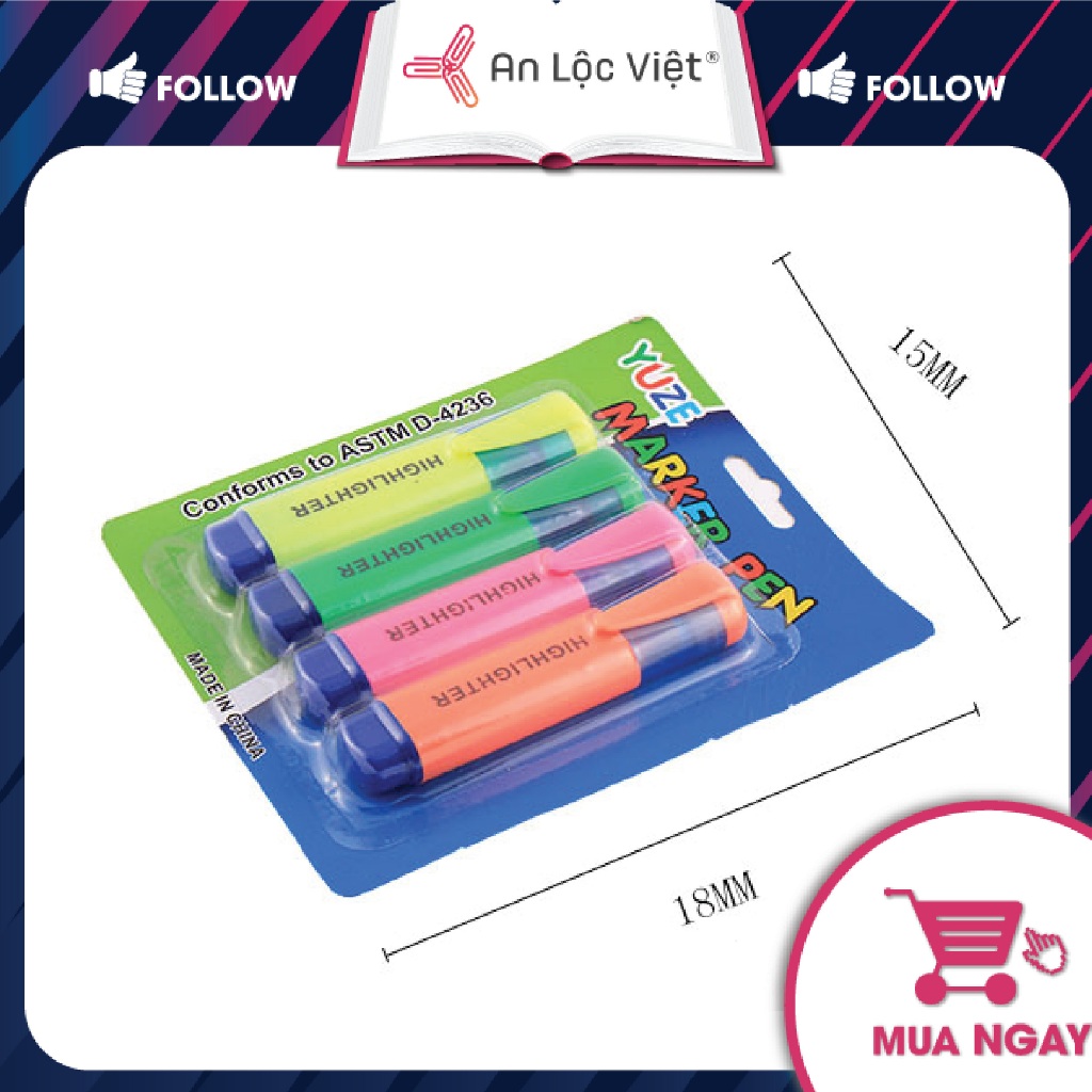 Vỉ 4 cây Bút dạ quang, bút đánh dấu Highlighter 4 màu tươi sáng, dễ sử dụng