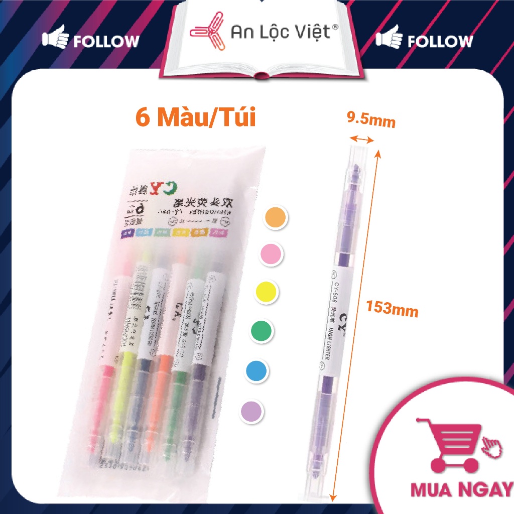 Bút dạ quang, bút highlight CY-506 - Túi 6 màu với thiết kế 2 đầu