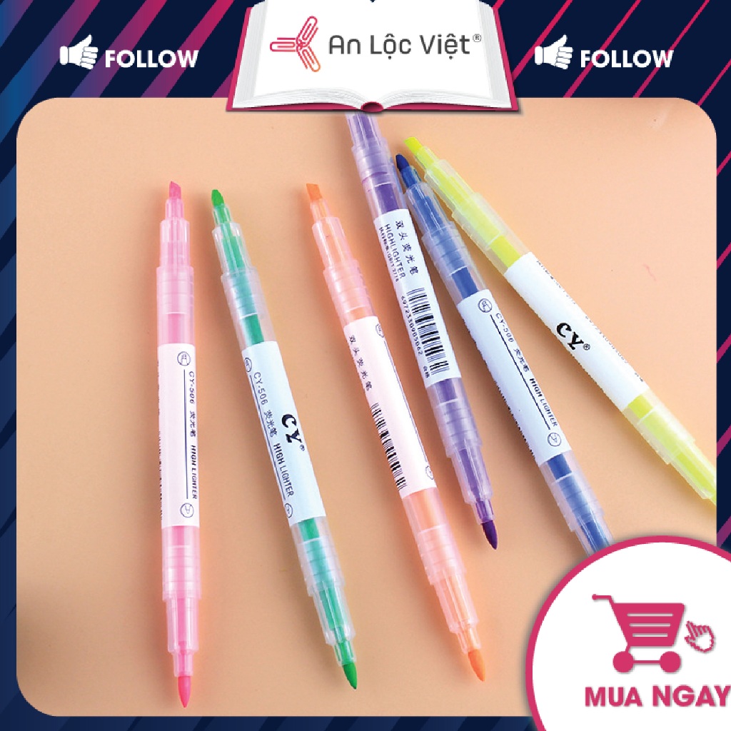 Bút dạ quang, bút highlight CY-506 - Túi 6 màu với thiết kế 2 đầu