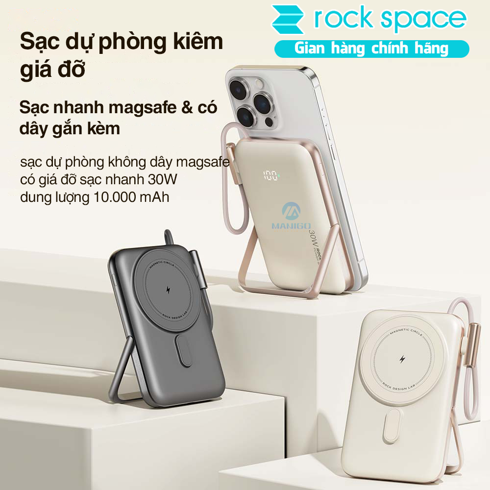 Pin sạc dự phòng không dây Rockspace P20 Pro PD20W Magnetic Holder Wireless tích hợp cáp TypeC dung lượng 10000mAh