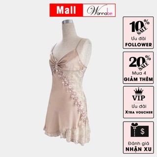 Đầm ngủ phi lụa cao cấp WANNABE DNS29 váy ngủ lụa mịn mát phối ren sườn nữ tính nhẹ nhàng