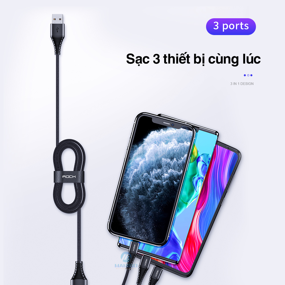 Dây cáp sạc nhanh 3 đầu iphone typeC micro Rockspace Hi-Tensile dây dù sạc 3 thiết bị cùng lúc BH 12 tháng