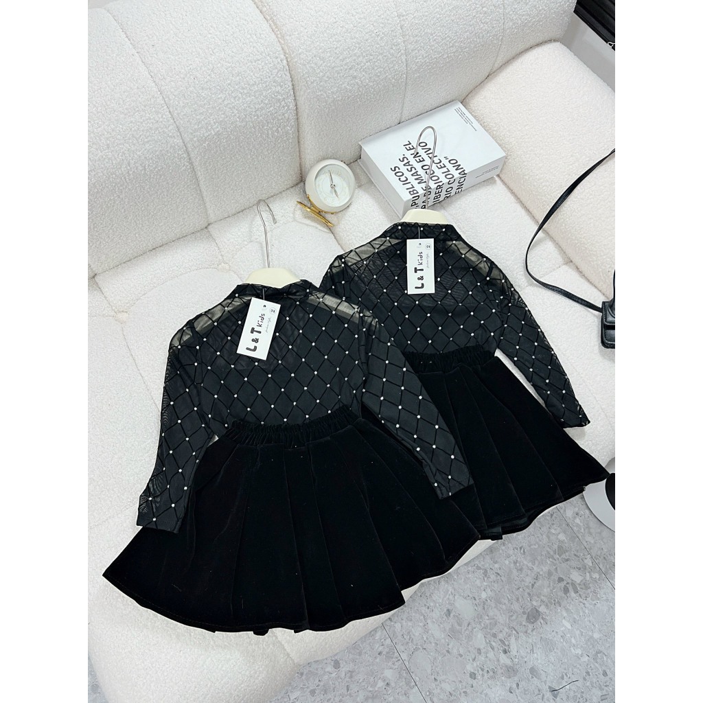 Set áo lưới kim sa + chân váy nhung bé gái