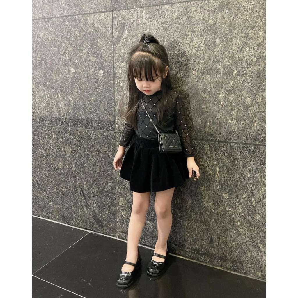 Set áo lưới kim sa + chân váy nhung bé gái