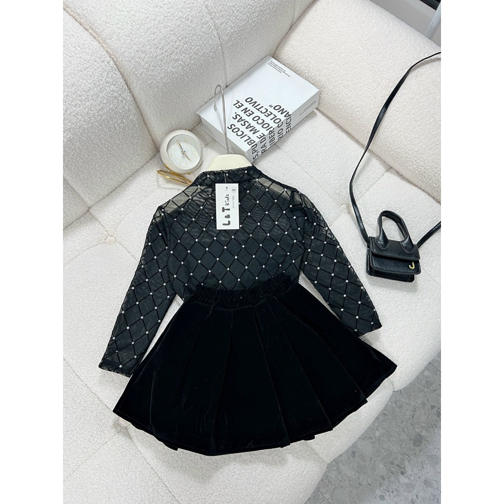 Set áo lưới kim sa + chân váy nhung bé gái