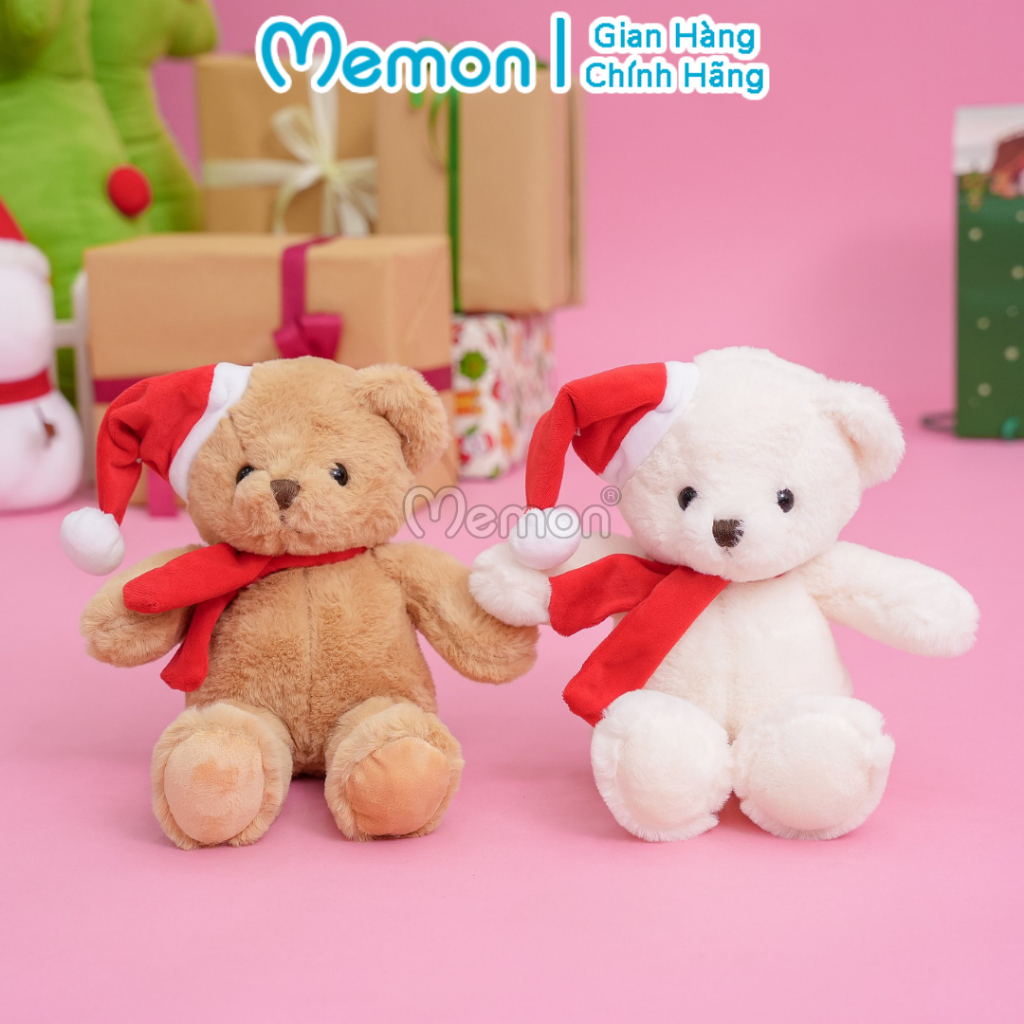 Gấu Bông Teddy Lông Trơn Noel Đội Mũ Quàng Khăn Đỏ 30cm Cao Cấp Memon