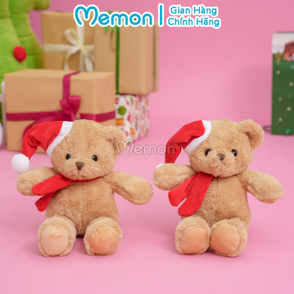 Gấu Bông Teddy Lông Trơn Noel Đội Mũ Quàng Khăn Đỏ 30cm Cao Cấp Memon