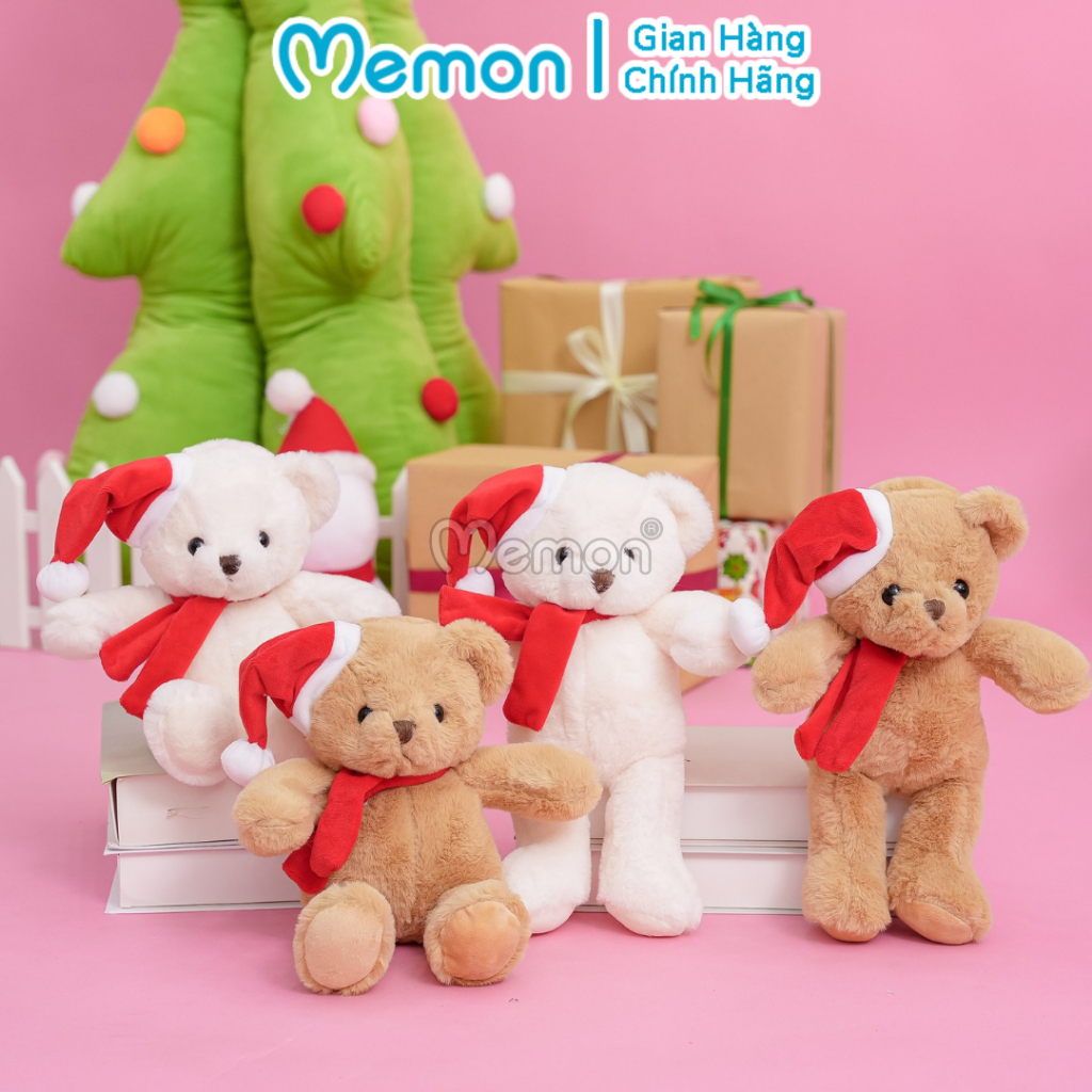 Gấu Bông Teddy Lông Trơn Noel Đội Mũ Quàng Khăn Đỏ 30cm Cao Cấp Memon