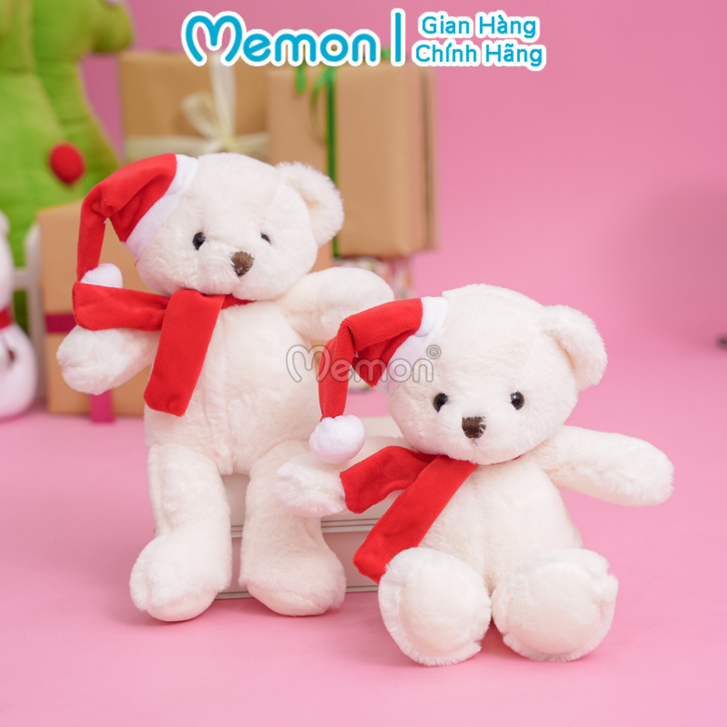 Gấu Bông Teddy Lông Trơn Noel Đội Mũ Quàng Khăn Đỏ 30cm Cao Cấp Memon