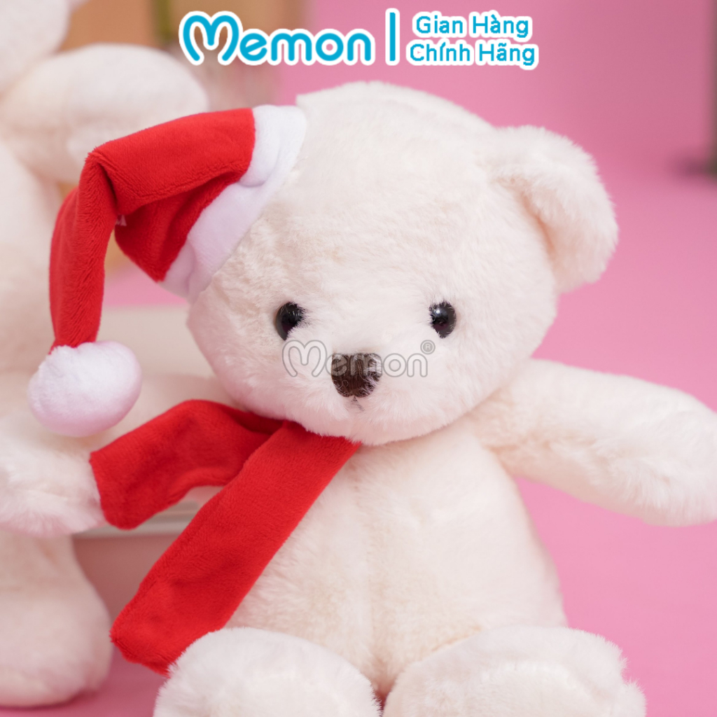 Gấu Bông Teddy Lông Trơn Noel Đội Mũ Quàng Khăn Đỏ 30cm Cao Cấp Memon