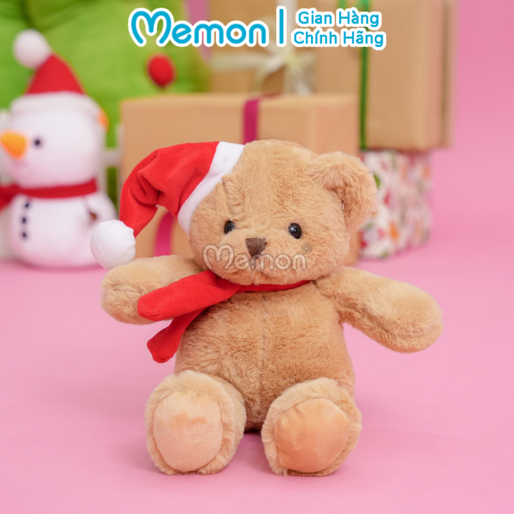 Gấu Bông Teddy Lông Trơn Noel Đội Mũ Quàng Khăn Đỏ 30cm Cao Cấp Memon