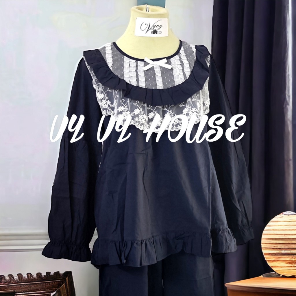 Set bộ xanh than mặc nhà nữ cổ tròn ren trắng quảng châu